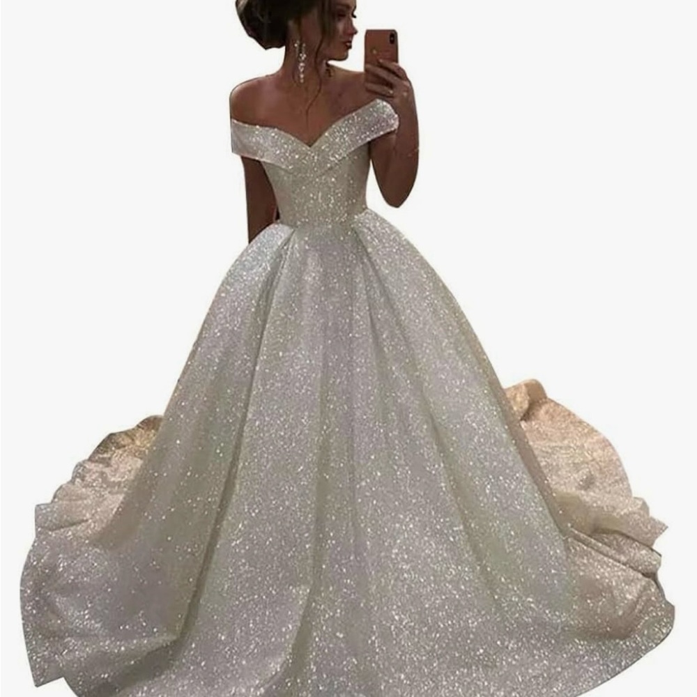 Plus NWT Off-Shoulder A line sparkle glitter White Wedding Dress ball gown